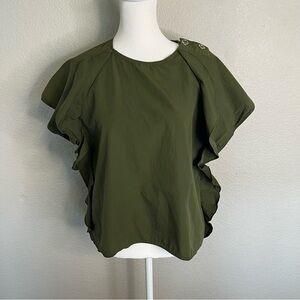 Zara Basic Olive Green Hi-Low Hem Short Sleeve Ruffle Shirt Blouse Size Medium
